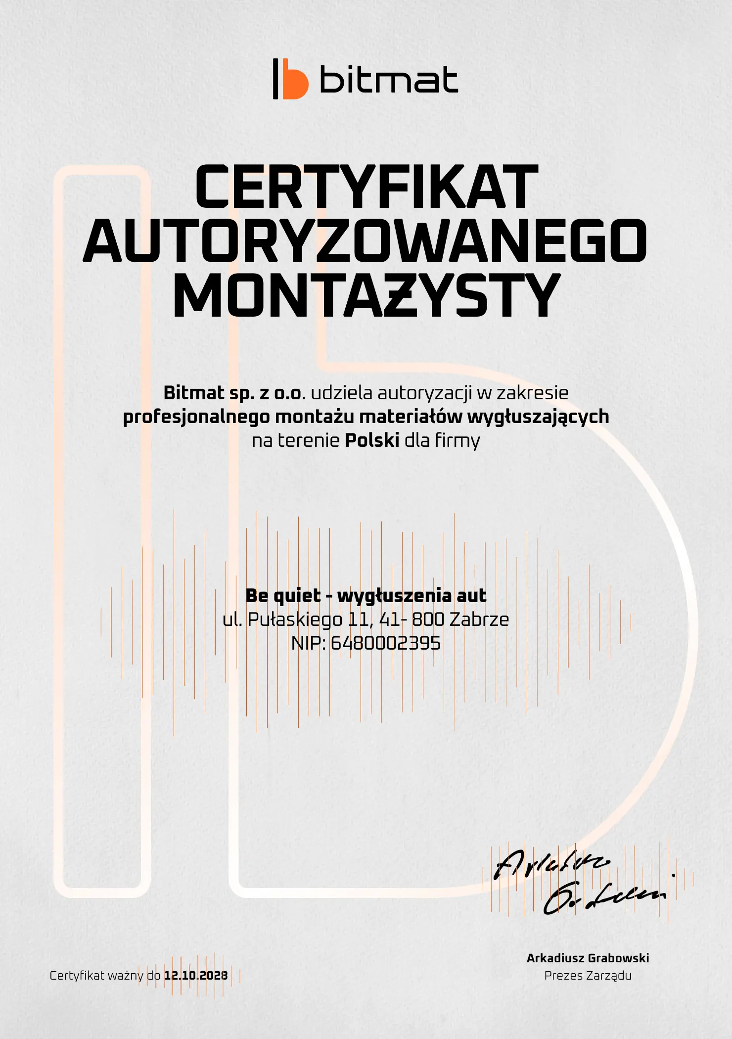 wyciszanie aut śląskie Certyfikat BITMAT dla BeQuiet Zabrze